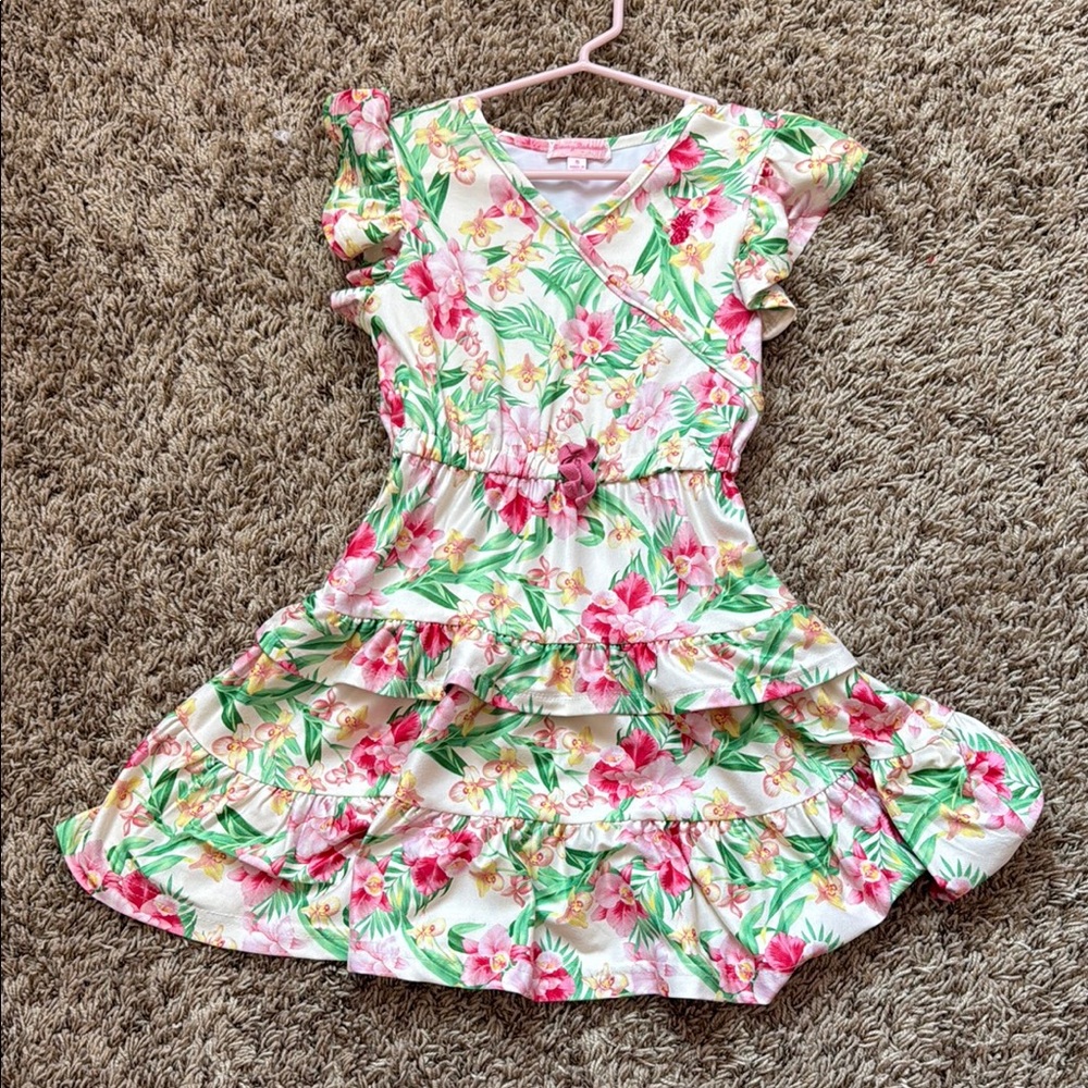 Floral Kids Dress with Pink and Green Accents